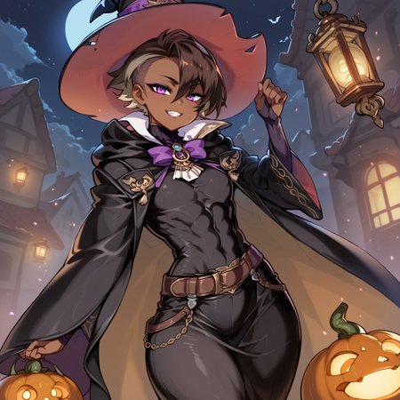 safe_pos, score_9_up, score_8_up, score_7_up, 1girl, solo, dark skin, dark-skinned female, tomboy, female ninja, short hair, spiky short hair, brown hair, undercut, purple eyes, witch hat, long black dress, long skirt, brown belt, long Cloak

,small breasts, thighs, curvy, voluptuous figure, smug, muscular female, abs, big ass, poses, adult woman, covered body, covered abs, long sleeves, wide sleeves

, detailed, detailed body, detailed face, best quality, masterpiece:1.4, Expressiveh, dark outlines, outdoors, night, tree, Lantern, building, pumpkins, Halloween-themed