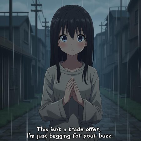 A girl from an anime looks really sad, raining,poverty,begging, looking at viewer,dirty,holding her hands together in front of her upper body. There's a caption underneath that says, "This isn't a trade offer; I'm just begging for your buzz."