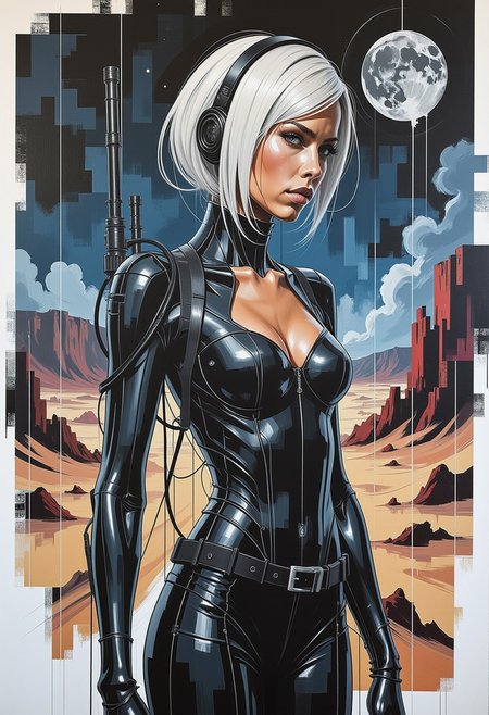 nvinkpunk, ckbwaw, a digital artwork in the style of ckbwaw, photorealistic image,  Rendered in a dynamic mixed-media fusion of ink sketching and fluid watercolor splashes, this digital artwork portrays a young Asian sci-fi woman in a skin-tight plugsuit, communicator, straight-cut platinum bob, sidelocks, dark eyeshadow, sultry, standing on a dusty planet at night, silhouetted, chiascuro, stars and nebula, outdoors