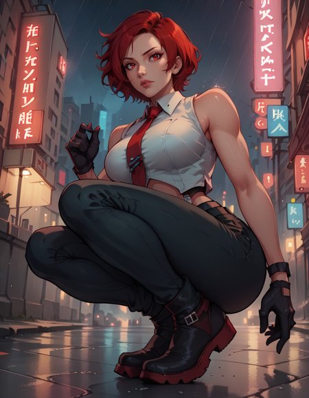 score_9, score_8_up, score_7_up,score_6_up, score_5_up, score_4_up ,1girl, solo,
large breasts,  
vanessadg,
short hair, red hair, red eyes, 
white shirt, gloves, necktie, sleeveless, pants, cropped shirt, 
city, night, rain, neon lights, lips,
from below,
squatting, ankle boots, 
 <lora:Vanessa KOF DG PonyXL v01-000003:1>