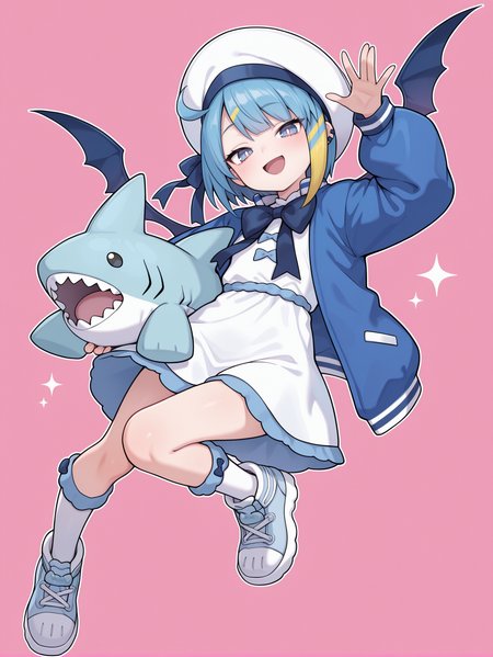 lil la, 1girl, stuffed shark toy, blue demon wings, blue sneakers, open mouth, object hug, solo, white sleeveless dress, white sailor hat, smile, full body, looking at viewer, blue ribbon, blue jacket, hand up, white socks,
masterpiece,best quality,amazing quality,very aesthetic,absurdres,newest,<lora:Evil Twin Ki-sikil alt illusXL v1:0.75>,