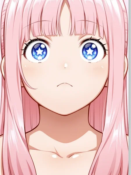 shiny skin, oily skin,megami magazine,  simple backgrounds,   <lora:issyousenkin_hongou_hina:1> issyousenkin_hongou_hina, 1girl, long hair, blunt bangs, sidelocks, star shaped pupils,pink hair,