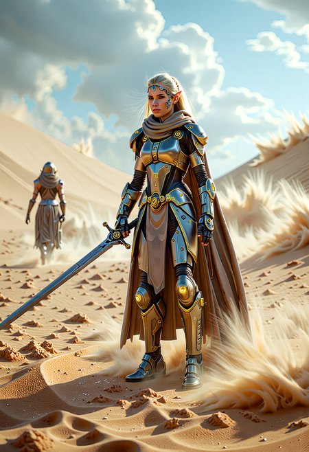 A cinematic scene unfolds in a desert landscape, where a Valenar Elf warrior, a fusion of ancient traditions and high-tech innovations, stands ready for battle. Her clothing, a blend of traditional elven attire and futuristic technology, includes a high-tech cloak and armor, enhancing her agility and protection. The warrior, with her sword drawn, faces the sandstorm, her determined expression capturing the essence of resilience and strength. This high-resolution photograph, with its dynamic composition, energetic pose, and hyper-realistic details, utilizes dramatic lighting and shallow depth of field to create a captivating image, leaving viewers enthralled by the warrior's beauty, power, and the mysteries of the desert's harsh environment.   <lora:flux/Sinfully_Stylish_.02_for_FLUX-000002.safetensors:1.0>,  <lora:flux/perfection style v2d.safetensors:1.0>, perfection style, <lora:flux/ARTifacts>,