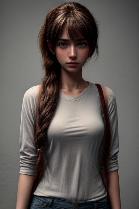 A masterpiece, the best quality:1.3)
ElliTLU, 1 girl, One, Long hair, chest, blue eyes, brown hair, shirt, long arms, closed mouth, green eyes, Upper body, ponytail, bag, lips, looking away, Traditional media, backpack, freckles, realistic, nose, Layered sleeves, short over long arms, holding hands