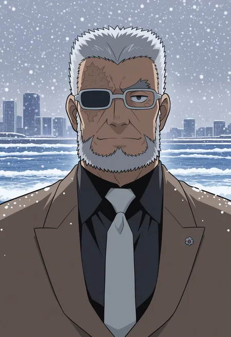 lazypos, 1boy, portrait, ocean, snowing, cityscape, looking at viewer, facing viewer,
<lora:Kuroda_Hyoue_from_Detective_Conan_v1.0:1> pectorals,
kurodahyoue, mature male, grey hair, long sideburns, thick beard, scar on face, burn scar, thick eyebrows, forked eyebrows, glasses, partially opaque glasses, single eyebrow,
brown suit, black shirt, collared shirt, white necktie, lapel pin, black footwear
