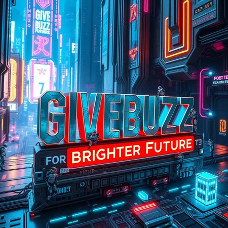 Create a highly detailed futuristic scene showcasing the phrase 'Give Buzz for Brighter Future' in bold, glowing letters with a high-tech, embossed design. The text appears as if it is made from a combination of neon and metal, reflecting ambient lights. Surround the text with a cyberpunk-inspired environment featuring sleek, glowing circuitry, holographic elements, and a cityscape filled with vibrant lights and advanced technology. The setting emphasizes innovation and energy, with an overall luminous and dynamic atmosphere that symbolizes a brighter future. There's a bunch of robots fixing the letters.