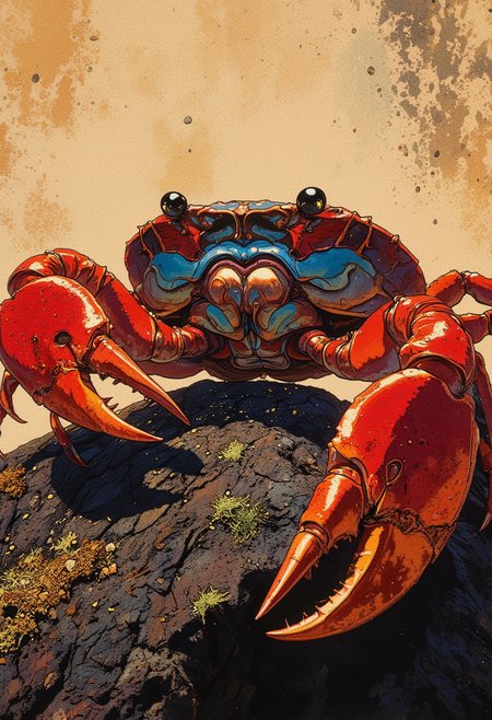 transparency, reflections,  Roger Dean, Rodney Matthews,, Front view. Close-up.  close-up photo captures a vibrant Sally Lightfoot crab (Grapsus grapsus) perched on a sun-warmed volcanic rock. Its vivid carapace displays intense hues of crimson, orange, and electric blue with razor-sharp clarity, each leg joint and scale rendered in stunning precision. The crab’s eyes glisten like dark glass beads, catching ambient light with crystalline brilliance. Fine grains of sand and salt cling to its legs and underbelly, emphasizing scale and realism. The textured rock beneath it is captured in rich, high-contrast detail, with rough, pitted surfaces, tiny moss patches, and shimmering droplets that suggest a recent tide. A shallow depth of field creates a creamy, soft blur in the background, amplifying the razor-sharp focus on the crab’s anatomy. Every nuance of the shell’s iridescence, each ridge and reflective surface, is illuminated to reveal a moment of perfect coastal life in breathtaking, museum-grade clarity., while her parted lips and intense eyes hint at fierce determination. Chiaroscuro lighting dramatizes her figure, emphasizing light across her cheekbones and shadows beneath the curve of her jaw. The sepia-tinged abstract background swirls with soft ink gradients and faint, symbolic textures, evoking movement, emotion, and pride,
ball room, moaning,
 sun light, cinematic lighting,,
,BREAK (((low angle, angle from below))), size difference,. 


 (Depth of field), low saturation,detail. mythp0rt Stylish, charismatic., 

Dramatic painting in the style of Caravaggio and Rembrandt, with striking chiaroscuro and exceptional detail.. (Depth of field).. . masterpiece, best quality, medium-format camera, high-contrast, dramatic lighting, striking composition, The overall composition feels cinematic. mythp0rt., Alexis (Depth of field),detail. mythp0rt, Stylish, charismatic. mythp0rt,, charismatic.c.  .  .

 An otherworldly atmosphere.
(Depth of field), low saturation,detail. mythp0rt Stylish, charismatic. ,.
masterpiece,   ,KNRm,   embedding:SD15\charturnerv2, CPA,

 An otherworldly atmosphere. 
(Depth of field), low saturation,detail. mythp0rt Stylish, charismatic. ,.
