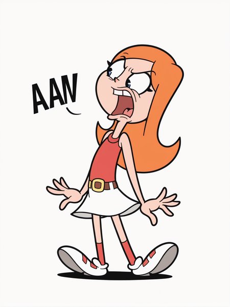 highres, hi res, best quality, masterpiece, RetroXL, toon \(style\), flat color, black eyes,,
1girl, (CandaceXL),, orange hair, blue eyes, long hair, sleeveless, red shirt, belt, white skirt, shoes, red socks, 
, screaming, open mouth, sound effects, simple background, white background, solo, dynamic pose, full body, angry, from side, very expressive face, exaggerated pose, hands at side,
 <lora:Candace-ILV1:0.8>,, <lora:RetroToonXL_Style-10-IL:1>
