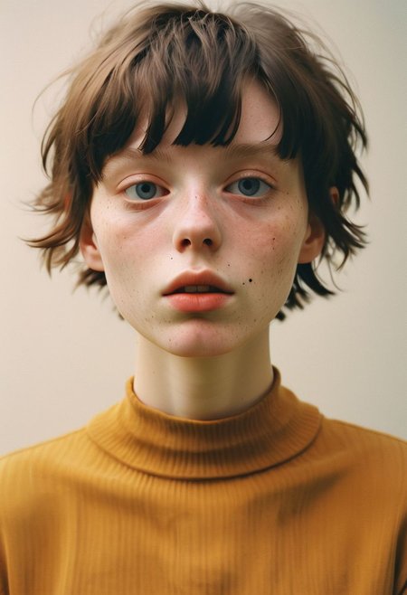 A photo Luce Doe, a 25 year old woman.  Short boyish hair, black hair. Posing in the studio. Soft studio lighting. 
Detailed, emotional face.
(detailed skin, pores, sweat, rosacea, blemishes, acne, freckles, imperfections, tan (moles-)), detailed eyes,
 style of Caravaggio.
Hasselblad, Kodak Ektar 100