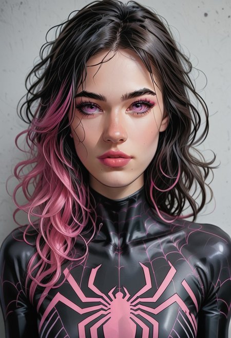 /Spider_Ayane/, pink lipstick, long black hair, pink hair highlights, medium breasts, portrait, black bodysuit with pink spider print, looking at viewer, puty lips, pink eyes