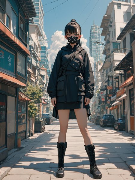 score_9, score_8_up, score_7_up, PDXL, <lora:sc3n3ryXLP:0.5>, <lora:TechwearV1:0.75> , techwear, dark clothing, full body, 
1girl, japanese, cute face, detailed eyes, long black hair in a ponytail, black facemask, knee high black boots, standing in the middle of a city