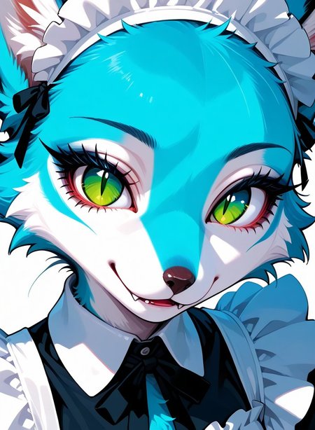 <lora:Foxy_v02_PDXL:1>  solo, furry girl, furry fox girl, slender body,  body covered with short blue fur, fox ears,  long eyelashes,  foxgirl, blue fur, green eyes, slit pupils,  long lush eyelashes, more detailed eyes,  lustful look,  short maid dress, maid cap,  sly smile, , mouth open, fangs showing, face close up,  <lora:eyelashes_pony_V1.0:1> <lora:Eyes_Lora_Pony_Perfect_eyes:1>
