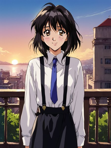score_9, score_8_up, score_7_up, score_6_up, masterpiece, perfect face, perfect hands, high quality, source_cartoon, (1girl, solo,) balcony, sunset,  <lora:Melfina_-_Outlaw_Star:1> melfina, black hair, brown eyes, medium hair, retro artstyle, 1990s (style), white long sleeve shirt, necktie, black skirt, suspenders, shy smile