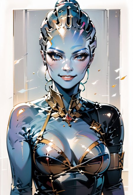 score_9, score_8_up, score_7_up, score_6_up, score_5_up, score_4_up, <lora:mestyle-asari-230810-2-d128-a32:0.8>, An asari with (light blue skin:1.4), in a blue and white formal dress, gold accents, open front, beautiful blue eyes, looking at viewer, smirk, <lora:Anime Summer Days Style SDXL_LoRA_Pony Diffusion V6 XL:0.7>,  <lora:add-detail-xl:1>