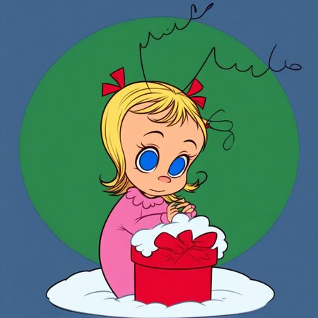 score_9, solo, cindy_lw, blonde hair, blue eyes, antennae, hair ribbon, adorable, Christmas ornament