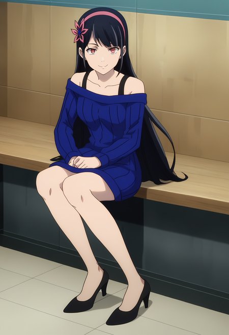 score_9, score_8_up, score_7_up, source_anime, rating_explict,
BREAK
1girl, solo, anime screencap, anime coloring, 
<lora:shiYeonFinalV1:1>, yeonblu, long hair, black hair, red eyes, hair ornament, hairband, hair flower,
off shoulder, blue sweater, sweater dress, black bra, 
 black footwear, high heels, 
looking at viewer, smile,