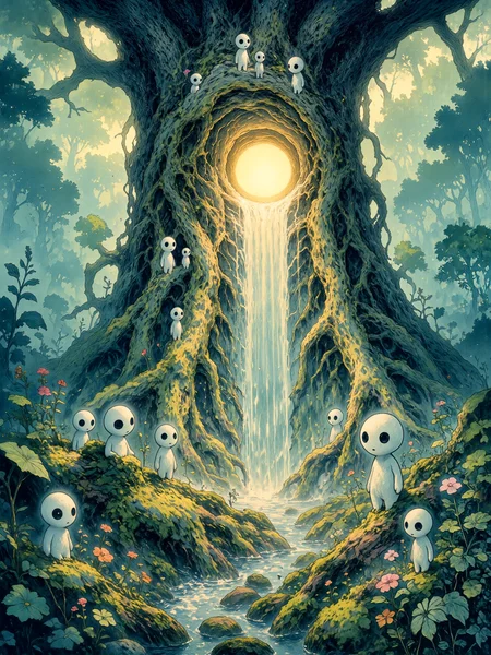 famous artwork, masterful ethereal fantasy watercolor painting, refined details, whimsical and otherworldly, in the heart of an ancient primordial forest stands a colossal tree with roots sprawling across the forest floor, the bark is thick, dark, and twisted, covered in patches of moss, vines, and tiny herbs, countless tiny kodama with stubby arms and legs stand and sit along the massive roots and branches, a glowing magical portal pulses gently within the trunk, radiating a soft aquamarine light bleeding into the misty air, the foreground features delicate colorful wildflowers and intricate herbs, twisted roots and scattered fallen leaves emerge through the fog with faded edges, the background fades into a deep, dense forest rendered with soft gradients and green and blue washes, the kodama are gathered in small clusters, looking curiously at the viewer with big black eyes, adding a quiet sense of mystery, wide scene with a slightly elevated angle, showing the full spread of the ancient tree and its gathering of tiny kodama, perspective softened to enhance the surreal and vast feeling of the sacred place, diffused golden and aquamarine light, softly blending into the shadows, with faint rays filtering through the mist, organic, flowing textures, brush marks visible in the mist and the bark for a tactile, handmade feel, painted with fine japanese sumi ink and delicate watercolor washes on textured cotton paper, minimalistic linework combined with soft color gradients, muted palette dominated by deep greens, earthy browns, pale gold, aquamarine and faint blue-gray shadows, ovg, style of rembrandt, <lora:kodama-flux-by_schmede:0.96> <lora:style-dark_ghibli-flux-by_arsmachina:0.4> <lora:style-rembrandt-flux-by_tangbohu:0.4>