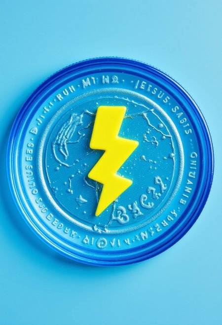 aidmatextimprover, text: "BUZZ COIN" 
blue transparent coin with yellow opaque lightning bolt