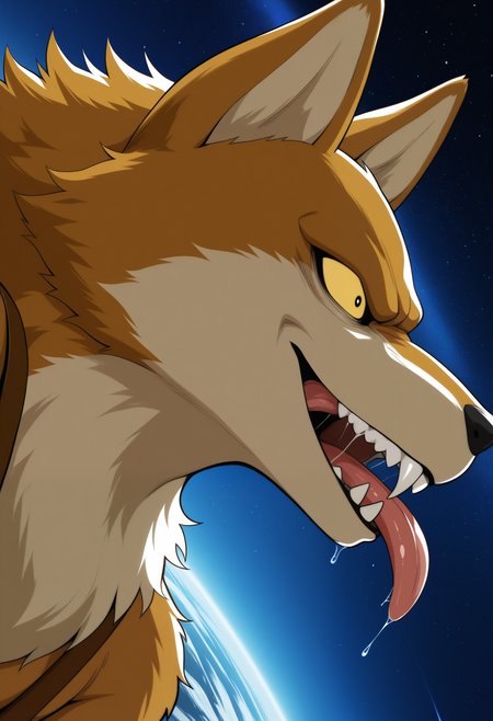 masterpiece,best quality,amazing quality, 1boy, solo, l4v3nd3r, fox boy, brown fur, colored sclera, brown suspenders, evil, tongue out, close up, side angle, tournament, space, 