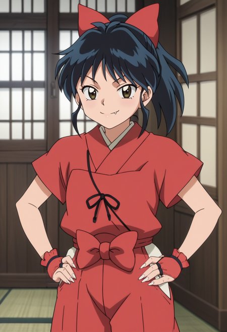 source_anime,anime screencap, anime coloring,intricate details,rating_safe, masterpiece, best quality,
(best quality, absurd res, ultra detailed),,(4 finger:0.5),1girl, ((solo)), good eyes,perfect eyes,,detailed eyes, zPDXLxxx , zPDXL3,detailed, detailed face
BREAK
solo,indoors,standing,front view,hands on hips,
moroha, brown eyes, black hair, hair bow, ponytail, japanese clothes, fingerless gloves, toeless legwear, fang, sharp fingernails,
smug,
, <lora:add-detail-xl:2>  <lora:Moroha_Inuyasha_-_Yashahime:0.8>
