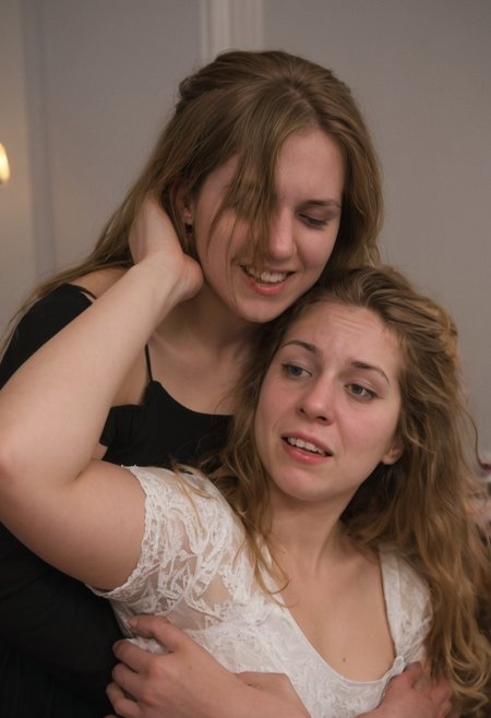 Dark lighting and intimate atmosphere. Sensual and turned on by each other. Drinking sacrament wine.  More drunk. One woman has large breasts.Hyper realistic. More drunk and wasted. Two Mormon sister missionaries getting drunk in their apartment after a long day proselyting. They are obviously visibly very intoxicated.  Leaning together lovingly. Very drunk eyes. Very drunk sultry eye contact. more drunk expression. Disheveled hair. (((Falling, tripping, staggering, dizzy, sleepy))). (((blackout drunk))).Realistic skin. Film grain. Typical lighting wearing a nice modern dress. (((20 year old Mormon Temple square sister  missionary))). Her hair is very disheveled. She drank a lot of tequila(((heavily lidded, drunk eyes))) incoherent, and completely hammered.
 (((incoherent, wasted))) very  drunk. realistic photo.{{{increasingly wasted}}} after having way too much to drink.  (((falling down))) drunken expression. cinematic lighting. (((Flirting))). Soft contented smile. She's completely wasted and wants to have sex tonight.