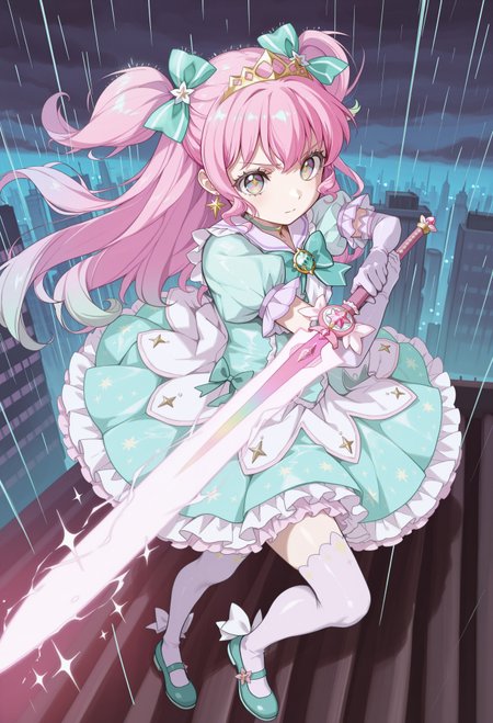 furofuroppi, 1girl, rainbow eyes, pink hair, long sidelocks, two side up, long hair, multicolored hair, gradient hair, aqua tips, masterpiece, best quality, absurdres,
(pastel colors, pastel blue, pastel pink, pastel green, pastel purple, pastel rainbow), pastel blue magical girl, padded magical girl dress, kawaii, frilled skirt, thighhighs, pastel aqua dress, multilayered dress, tutu, petticoat, padded dress, puffy short sleeves, elbow gloves, gold tiara, gem brooch, large bow, ribbons, lace trim, frills, latex, shiny clothes, sparkles, glitter, star earrings, rainbow accessories, jewelry, frilled mary janes,
lipgloss, eyelashes, light blush, light makeup,  
outdoors, city, night, overcast, rain, on rooftop, 
solo, fighting stance, serious, (sword guard stance), two-handed, holding sword, energy sword, huge weapon,
intricate, highly detailed, majestic, shallow depth of field, movie still, circular polarizer