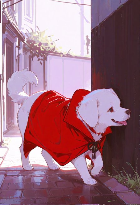 masterpiece, best quality, amazing quality, flat colors, high detailed, high quality, high resolution, 4k , male, puppy, solo, feral, walking, red cape, in street corner, all fours  happy  side view, white fur, young, portrait