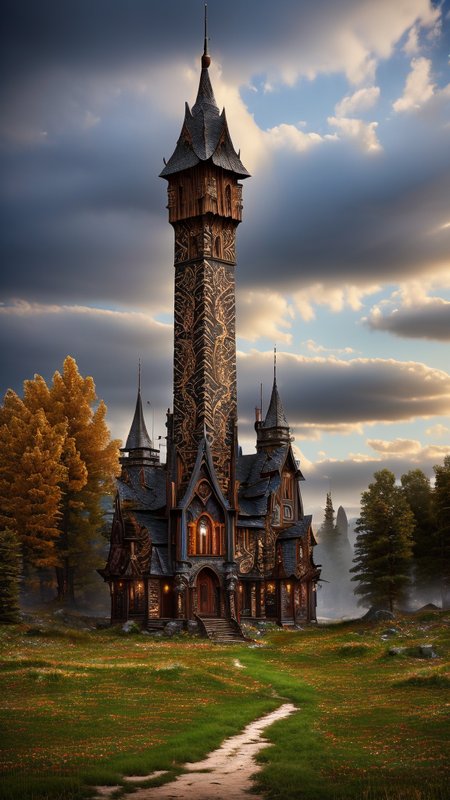 Tribal style, 
Gothic style, 
Masterwork Painting, Magnum Opus, 
 <lora:Wizard_Tower:0.75> witow, castle, cloud, cloudy sky, grass, no humans, scenery, sky, tower, tree, 
<lora:Fantasy_Mountains:0.75> fanmou, footprints, forest, grass, nature, no humans, outdoors, sky ,
  highres, 8k, uhd, High Dynamic Range, tonemapping, crisp details,  intricate details, fine details,
. Dark, mysterious, haunting, dramatic, ornate, detailed,
. Indigenous, ethnic, traditional patterns, bold, natural colors, highly detailed