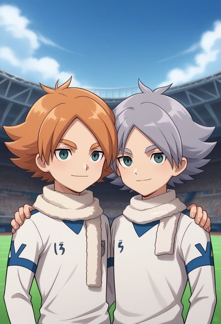 score_9, score_8_up, source_anime, highly detailed, 2boys, male_focus, slender, skinny, upper body,
aiden, 1boy, male focus, scarf, sportswear, orange hair, white scarf, soccer uniform, long sleeves, white shirt,
fubuki2, 1boy, male focus, 1boy,  grey hair, soccer uniform, long sleeves, white shirt
outdoor, soccer field, smile, hands on shoulders, siblings, brothers,