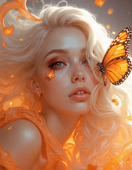 A breathtaking hyper-realistic portrait of a celestial beauty with striking ice-blue eyes framed by bold, fiery orange eyeshadow that seamlessly blends into her flawless porcelain skin, her gaze radiant and mesmerizing. Her long, flowing platinum-white hair swirls elegantly around her, appearing weightless, infused with a glowing ethereal aura that mirrors the warm, luminous background. Her luscious, full lips are painted in a perfect shade of glossy orange, reflecting light like liquid fire. A delicate monarch butterfly, its golden wings detailed with intricate black and purple patterns, gently rests near her face, its iridescent texture captured in exquisite micro-detail. The entire composition is bathed in a surreal orange glow, an explosion of vibrancy that contrasts harmoniously with her cool-toned icy features. The lighting enhances every subtle contour of her face, highlighting each fine strand of her hair, the feathery precision of her eyelashes, and the soft gradient of her meticulously applied makeup. The background swirls in an abstract, painterly fashion, creating a fusion of realism and dreamlike fantasy that immerses the viewer in a world of opulent beauty and high-fashion surrealism.
 <lora:FluxDFaeTasticDetails:0.3> <lora:MoriiMee_Gothic_Niji_Style_FLUX:0.45> <lora:realism_lora_comfy_flux_converted:0.7000000000000001>