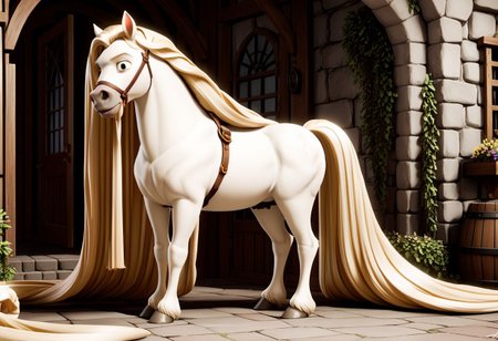 Score_9,  score_8_up,  score_7_up,  original style, 3d disney anime, Maximus the white horse, solo, (A full body image of a horse with an endlessly long white Rapunzel-Style mane), (absurdly long white Rapunzel-Style mane:1.4), (meters of hair without end:1.2)