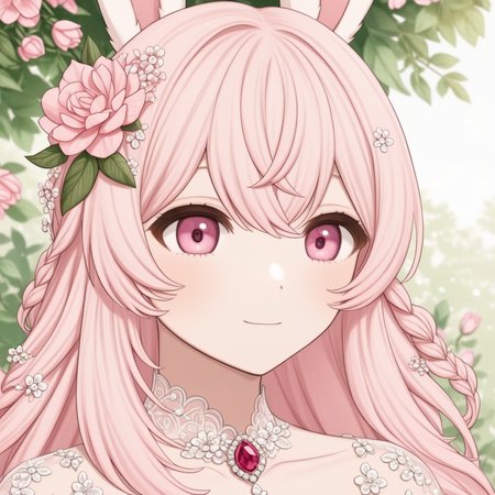 pippa, pink hair, pink eyes, rabbit ears, detailed, shading, ssao, eye focus, upper body, 
((wedding dress, flowers))
 <lora:PIPPA-XL-t9-000001:0.6>