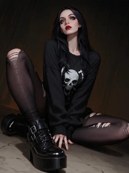 masterpiece, best_quality, amazing quality, newest, add detail+, no lineart, sharp focus, real skin, high contrast, photorealistic, deep focus, high contrast, dynamic composition, dynamic angle,
1 woman, emo wearing a dark purple oversized sweater with punk accents, ripped leggings with grunge look, platform shoes, dark red lipstick, smoky eyeshadow, heavy eyeliner, emo hair clips,labret piercings, dynamic pose, long hair, black hair, blue eyes, red lips, eyeshadow, makeup,
 <lora:Morticia iIlluLoRA:1> morticiadg