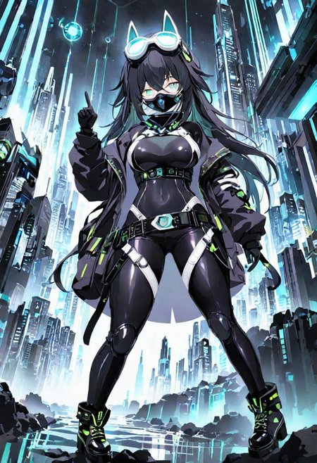 Best quality, masterpiece, sci-fi abyss city with light above, one girl with round huge breasts, pointing up, floating, jet black long messy hair, overmasked 1.2, mask covered mouth, glowing white goggles, black full bodysuit with belts and pockets, corset, baggy jacket, slim waist, slim belly, tight pants, thick clavicle, thick hips, thick thighs, long boots