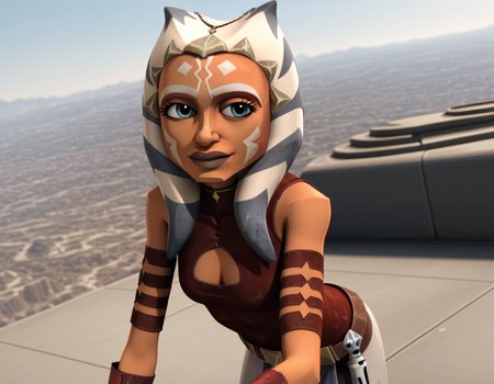 score_9, score_8_up, score_7_up, source_anime, <lora:clonewars-ahsoka-tano-ponyxl-lora-nochekaiser:1>, ahsoka tano, long hair, blue eyes, lips, colored skin, facial mark, tentacle hair, alien, orange skin, 3d, realistic,, gloves, bare shoulders, belt, sword, fingerless gloves, clothing cutout, tattoo, cleavage cutout,, outdoors, bent over, smile, looking at viewer, solo,, cowboy shot, dutch angle