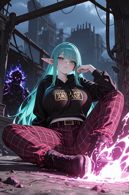 anime character, newest, barefoot, Marin Kitagawa, tartan pants, absolutely eye-catching, Dwarven Anvil, long hair, ambient occlusion, ultra-detailed, masterpiece, abandoned particle accelerator ring., Sitting with feet flat on floor, slime_(creature), amazing quality, motion_lines:1.1, giant warhammer radiating heat, 8K, combat boots, cloudy, HDR, pale skin, Dawn, 1girl, nail_polish, 2boys, best quality, Neon Charcoal Theme, Over-the-shoulder shot, depth of field, pointed_ears, harsh lighting, studded belt, huge breasts, Cerulean aqua hair, Band hoodie, Gunslinger (Arcane), motion_blur:1.1, absurdres, Hime-cut, very aesthetic, blurry foreground, Interior of a gigantic, magic glowing aura, tattoos