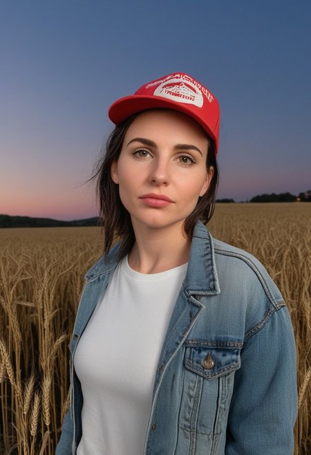 30yo american woman in a wheat field
Small eyes. Brown eyes.
Wearing ripped Denim jacket red hat
no makeup. Clear skin.  realistic skin style
Long dark black slick back hair. No makeup. Dusk, Street light. Looking at camera POV. Slight smile, tilting head.. Tilt head. Hands in head, face, lips.
Medium Close Up shot. Bokeh. Bokeh light.