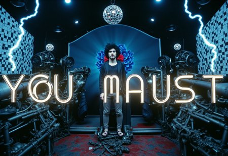 the words 'YOU MUST' written in large font fills the front of frame. In the back of frame weird man with in a dark room with checkerboard blue lotus PEOPLE ARE trapped inside machinery, people crushed inside mechanical gears, high gore arms crushed and bent, signs of wailing, people in business suits trapped in machinery. floors with blood on the ground with a white interior cyber tech electricity electical circuits illuminati symbols with brains and vaginas with high technology alchemical background lightning bolts