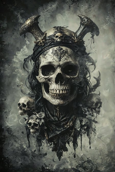 A beautifully ornate 2D skull emblem. The skull is adorned with intricate, swirling patterns and detailed embellishments. Encircling the skull is an elegant, decorative ring. Behind the skull, two crossed sabers add a touch of pirate flair. The skull wears a bandana, adding to its menacing look, and clenched between its teeth is a thick cigar, with wisps of smoke curling upwards. The entire design should be richly detailed, with attention paid to the textures and intricacies of the patterns and elements. gold details
<lora:add-detail-xl:2> <lora:MJ52:0.5>  <lora:CBS_novuschroma37 style_b:1> novuschroma37 style