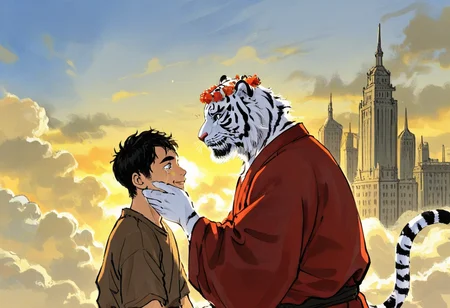 2boys, furry and human, age difference, (upper body:2.0), smile, from side, hand on another's face, dutch angle, on one knee, above clouds, tears, male focus, serious,
BREAK
white tiger, thick mustache, red robe, brown shirt, feet out of frame, white hair, old, chinese mythology, large pectorals,
thick arms, beard, long sideburns, thick eyebrows, plump, whiskers, head wreath,
BREAK
cloudy sky, above clouds, skyscraper, sunset,
BREAK
20-yo boy, (young boy:0.3), hairless boy, skinny boy, boy with black short hair, handsome boy, 
BREAK
very awa, masterpiece, best quality, absurdres, newest, perfect quality, detailed background, intricate details, <lora:Ink_wash_painting_style_v1.5:1>