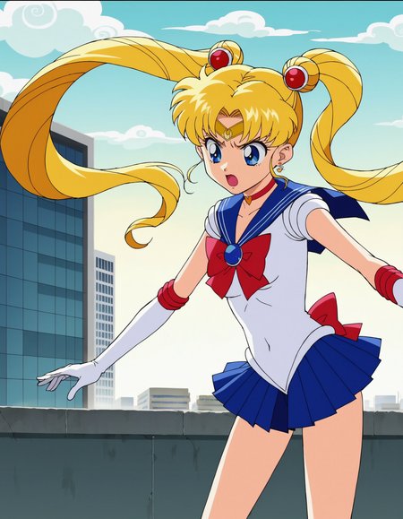 score_9, score_8_up, score_7_up, BREAK
(masterpiece, best quality, (anime screencap:1.5)), Tsukino Usagi, Sailor Moon, long flowing blonde hair with twin tails, wearing her iconic Sailor Scout uniform, standing on a rooftop, strong wind blowing her hair and outfit, dramatic and cloudy sky, determined expression, highly detailed, soft shadows, depth of field, volumetric lighting, high dynamic range, intricate details in her uniform and accessories, wind causing movement in hair and clothes, 2d anime style, cityscape background with tall buildings, sense of urgency and heroism
