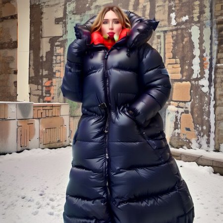 hyper realistic front very cute  stuning european blond very curvy women wearing a red((extra_puffy_adjusted_long_strait_full_closed_coat))  ((ultra_long_coat))((extra_puffy_hood)) ((fully_down_hooded)) ((very_high_down_collar)) ((down_glove)) ((down_puffer_boots)) 
,slim downcoat,closed coat,
long_legs, long_sleeves,  dress, high_strait_neckbrace, medical_neckbrace, lips, hand_fan, dress, city, street, winter, snow, walking, daytime, sun, sunlight,realistic_up_hood
<lora:Puffer_Jacket_and_Down_Jacket_-_Extra_Puffy_Jackets:0.9>
 <lora:VictorianBustleDress:0.6><Lora:Parkasite-XL:1.0