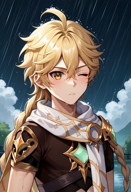 score_9, score_8_up, score_7_up, source_anime, highly detailed, 
traveler, 1boy, male focus, solo, blonde hair, long hair, bangs, hair between eyes, braid, single braid, ahoge, yellow eyes, jewelry, single earring, shoulder armor, scarf, white scarf, slender, skinny,
upper body, one eye closed, rain, wet hair, frown, wet, outdoor, wood, sky, clouds, rain,