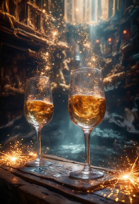 wingardium leviossa, two glasses at the table, sparkling, hall of hogwarts decorated for the new year, glass in weightlessness, sparklers around champagne glass, hyper-realism, hyper-detail, surreal, colorful, art nouveau, octane rendering, masterpiece, ultra realistic, professional photoshoot, aidmaimageupgrader