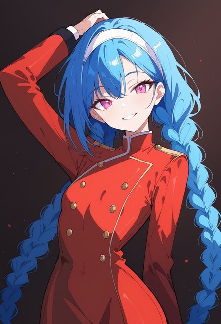 zPDXL3, ((masterpiece)), ((best quality)), 8k, high detailed, ultra-detailed, highres, intricate details, depth of field, best quality, bokeh, shiny skin, LP_jinx, blue hair, twin braids, pink eyes, 20 years old, detailed perfecteyes, fit, small breasts, dynamic lighting, Expressiveh, ArawAraw, high contrast, absurdres, vibrant, highly detailed, ligne claire, cogecha, 10s, 1girl, arm behind back, arm up, brown background, buttons, dress, eyeshadow, hairband, hand in own hair, head tilt, holding, holding own hair, long sleeves, looking at viewer, makeup, military, military uniform, parted lips, red dress, smile, solo, straight hair, tsurime, upper body, very long hair, white hairband