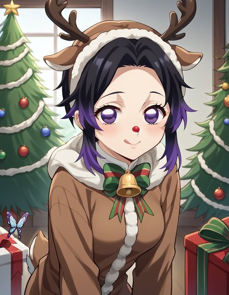score_9, score_8_up, score_7_up, source_anime, <lora:shinobu-kochou-anime-ponyxl-lora-nochekaiser:1>, shinobu kochou, animal print, black hair, butterfly, butterfly hair ornament, butterfly print, forehead, gradient hair, hair ornament, haori, multicolored hair, parted bangs, purple hair, short hair, two-tone hair, medium breasts, <lora:reindeer-costume-ponyxl-lora-nochekaiser:1>, reindeer costume, animal costume, reindeer antlers, antlers, fake antlers, reindeer hood, christmas, red nose, deer ears, deer tail, christmas tree, bell, horns, reindeer,, blush, smile, tongue out, looking at viewer,,