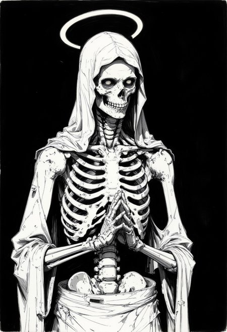 This is a black-and-white, highly detailed rough drawing sketch of a mummified skeleton with a halo, positioned in a prayerful pose. The skeleton's ribcage is exposed, and it wears tattered, white cloth draped over its shoulders. The background is dark, creating a stark contrast that emphasizes the skeleton's skeletal structure. The lighting is focused on the skeleton, highlighting its intricate details. The camera angle is slightly above and to the side, capturing the skeleton's head and upper torso in profile.