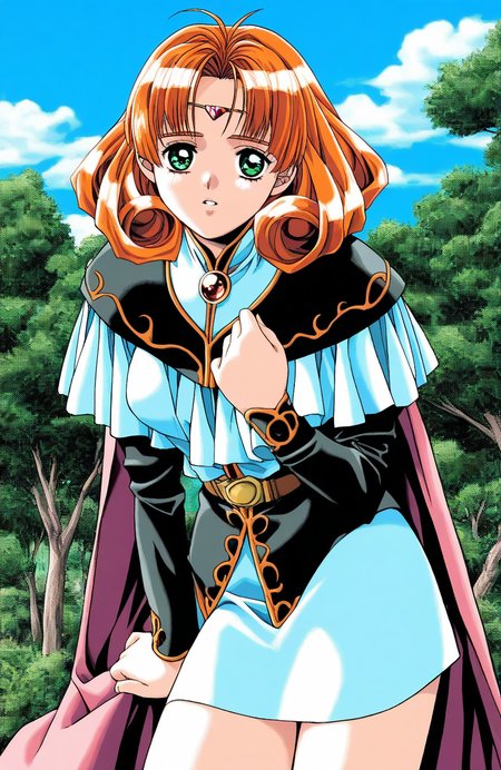 general,highres, ultra-detailed,very aesthetic,best quality ,best hands, BREAK <lora:Natasha_Dragon_knight_â£_IS:1>Natasha,1girl,solo, orange hair, green eyes, medium hair, curly hair, bangs, circlet, breasts,
 tree,  day, outdoors, curly hair, short hair, belt, looking at viewer, gem, sky, long sleeves, 
cloud, dress, tiara, parted lips, cape, jewelry, cowboy shot, skirt,