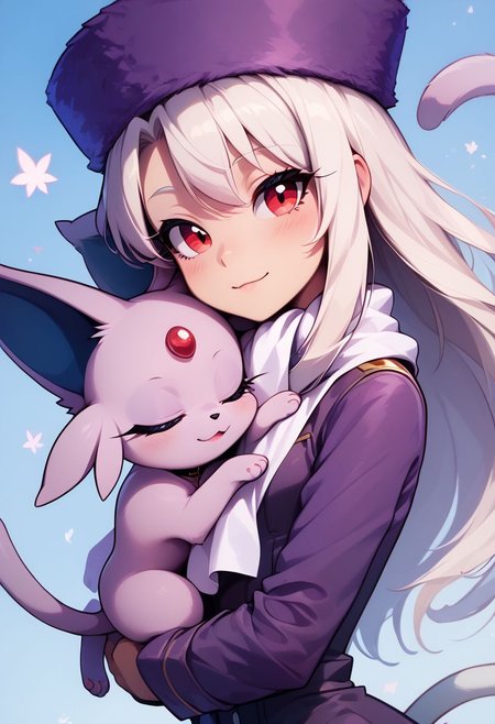 score_9, score_8_up, score_8, medium breasts, (curvy), cute, eyelashes,  rating_safe,
BREAK, 
zzIllya, red eyes, white hair,
papakha, purple headwear, white scarf,
BREAK, 
girl holding Espeon, hug,
furry, female, Espeon, human and feral, girl and Espeon,
zPDXL,
