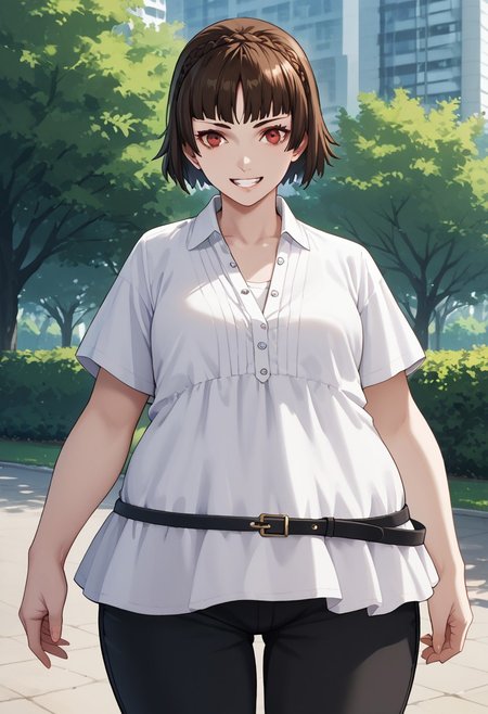 score_9, score_8_up, score_7_up, score_6_up, score_5_up, score_4_up, source_anime
1 girl, solo
p5makoto, niijima makoto, brown hair, blunt bangs, crown braid, red eyes,
p5makoto-sumcas, shirtdress, dress, white dress, open collar, black pants, capri pants, black belt, thin belt, loose belt, 
outside, park, trees, greenery, standing, smile, teeth, looking at viewer,